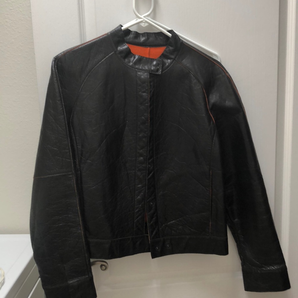 Leather moto jacket with fleece lining